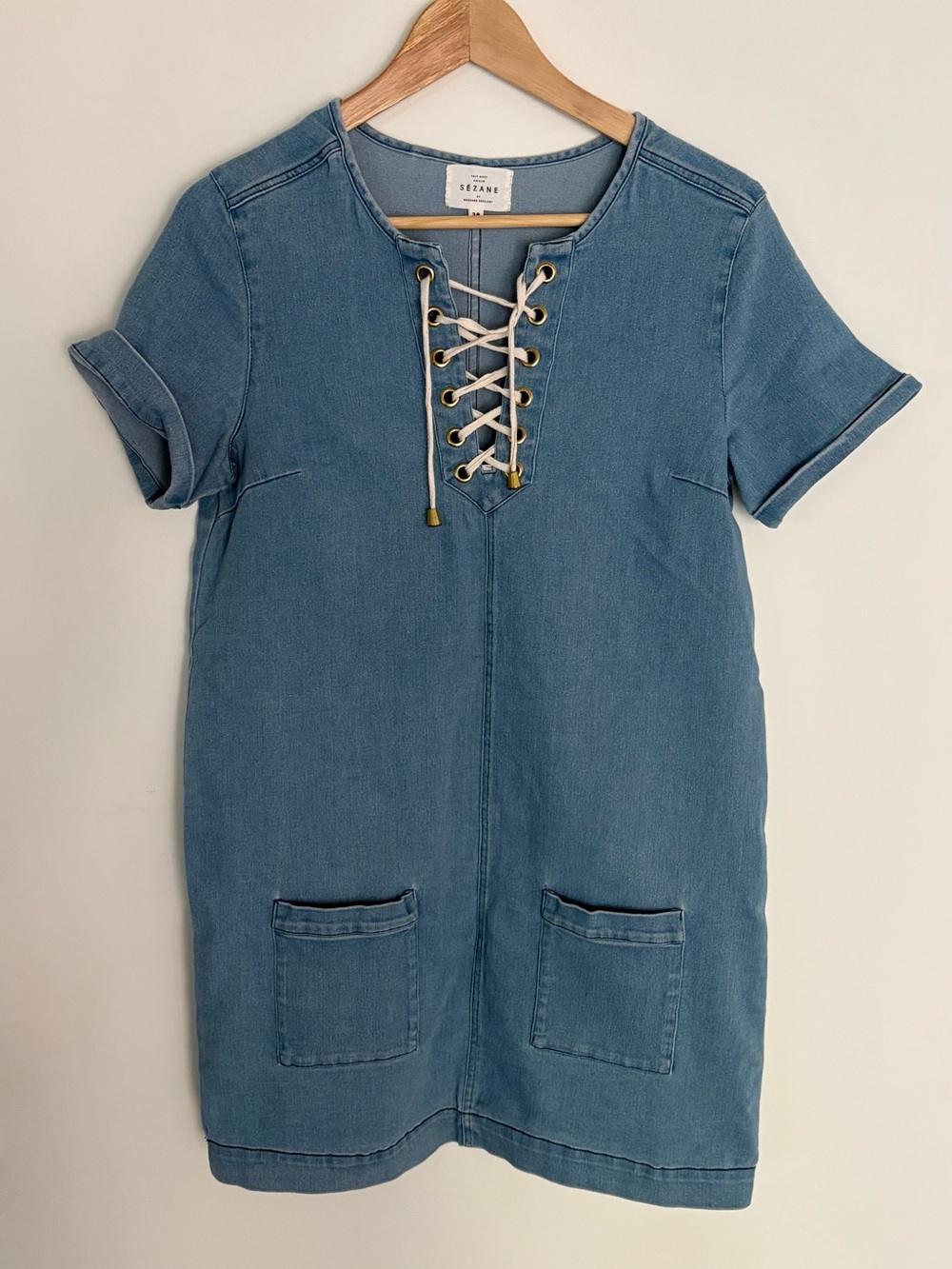 Sézane Giulia Denim Lace-Up Shift Dress Ecru EU 38 / US 6 - Picture 3 of 8